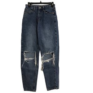 PrettyLittleThing High Rise Distressed Dark Blue Mom Jeans